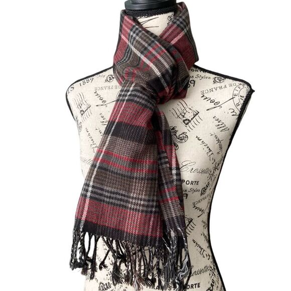 Made in England 100% Cashmere Red & Black Plaid Fringed Scarf Unisex - Picture 3 of 9